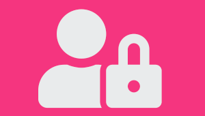 A white icon with a pink or red background showing a person and a lock