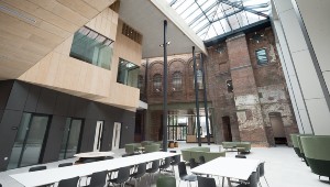 A view of Springfield Campus from the first floor, with rows of seating on display