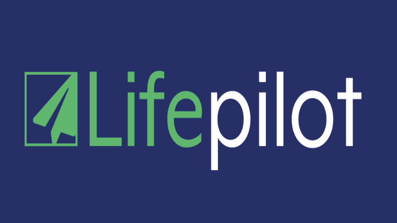 Lifepilot logo. Logo is navy blue background, with 