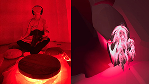 Photographs of a person wearing VR equipment inside an immersive art piece by Dr Camille Baker