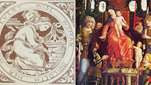 Collage of artworks: A detail from Female School of Art fundraising campaign certificates, 1864, and MADONNA DELLA VITTORIA by Andrea Mantegna, 1496