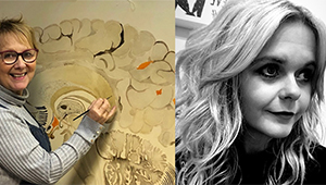 Side-by-side photographs of Susan Brisco and Charlotte Dunn, Brisco sketching a human brain while Dunn is depicted in black and white