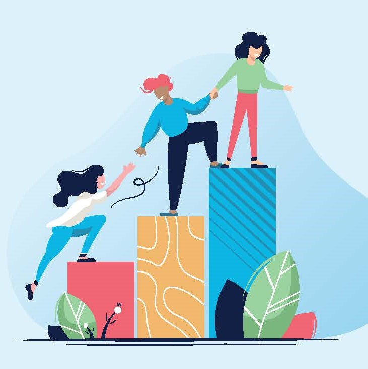 Three students helping each other step up three coloured blocks