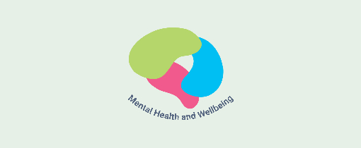 Logo for Mental Health and Wellbeing: a graphic of a human brain with different areas coloured green, blue and pink
